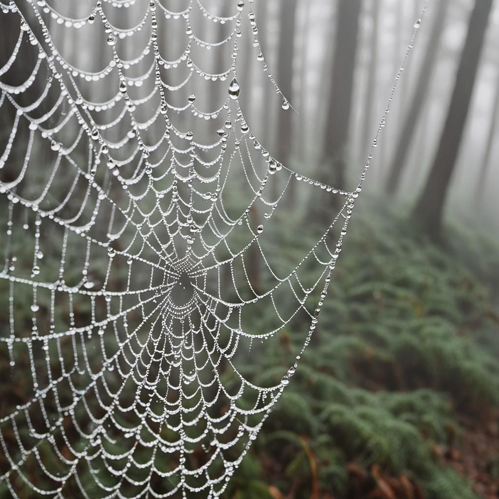 Frame a close-up shot of dewdrops on delicate spider webs in...