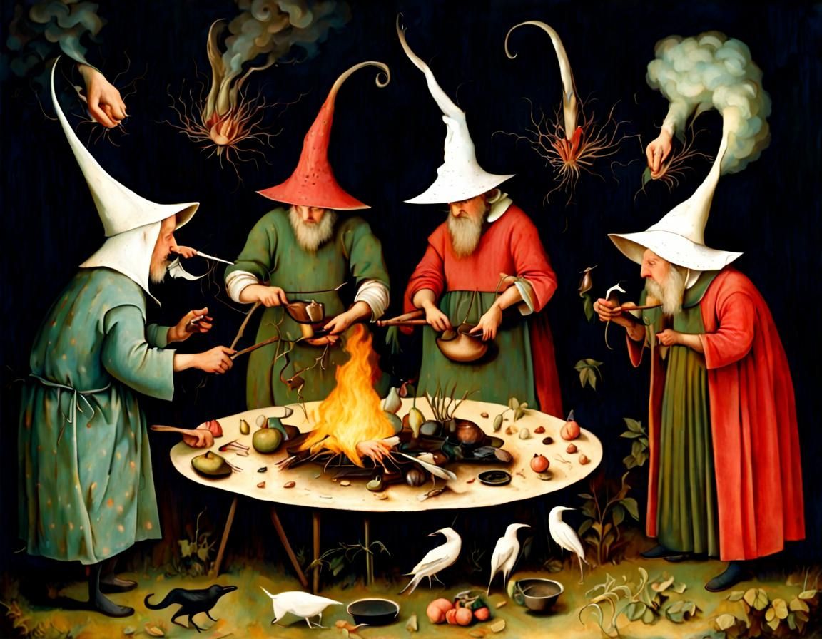 Hieronymus Bosch style: Wizards gather around a cooking fire...