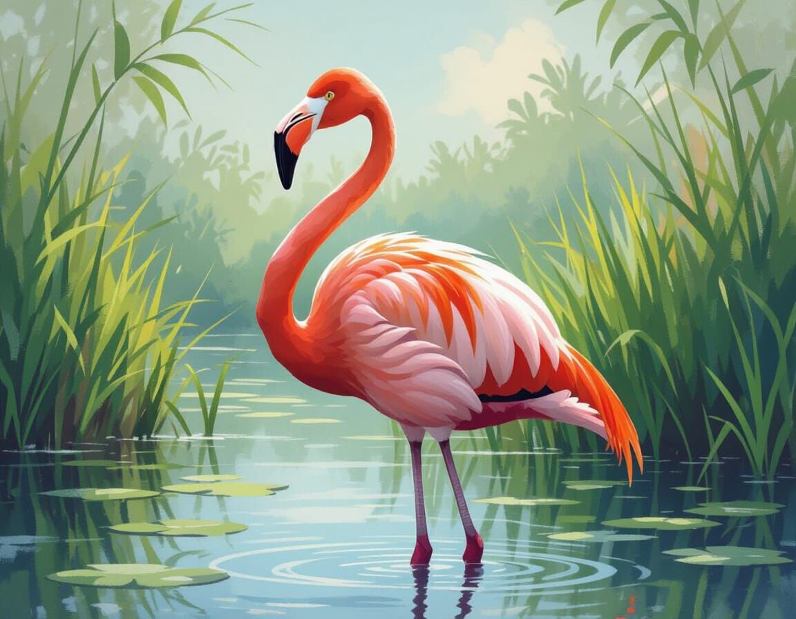 Vibrant Flamingo in Serene Wetland Habitat