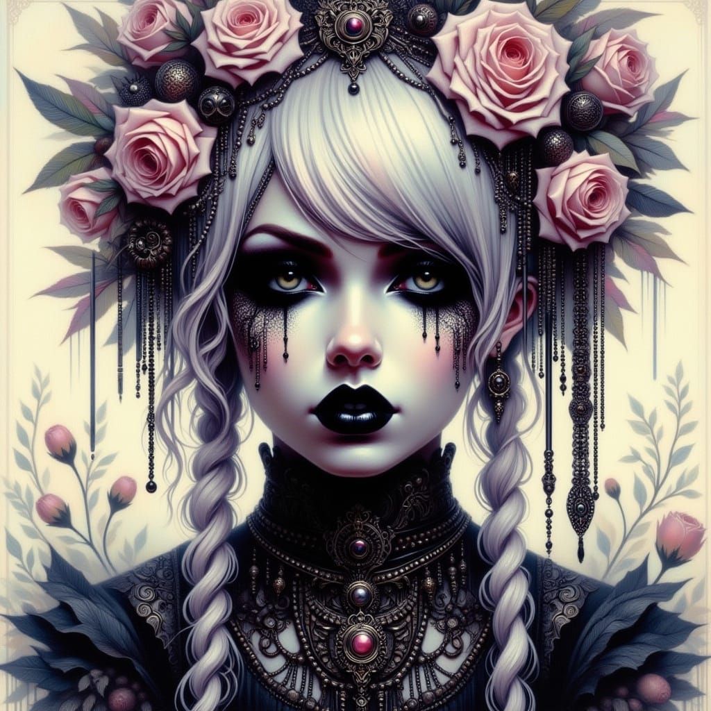  <lora:Romantic Goth:1.0> stunning goth punk with silver braids grunge style punk aesthetic gritty grunge antique watercolor style 