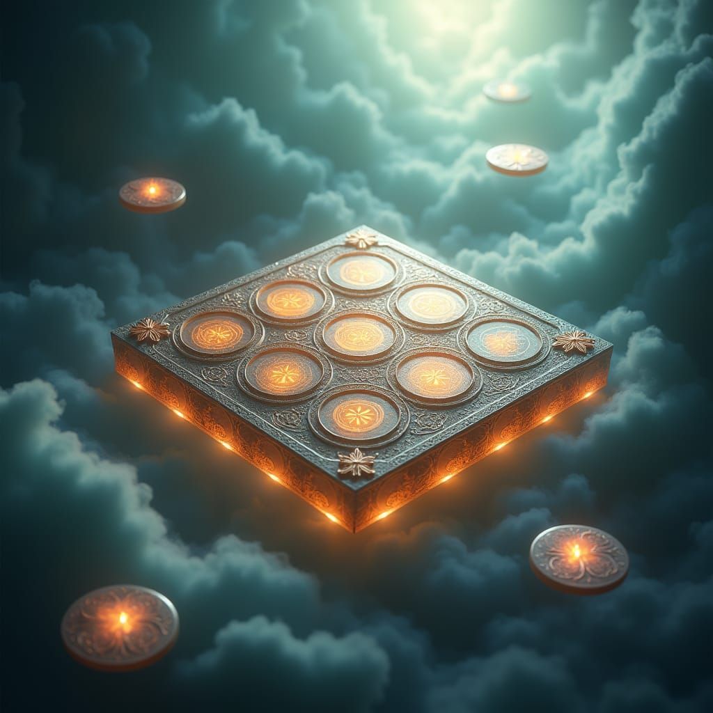floating led 3x3 tic tac toe board with floating discs aroun...