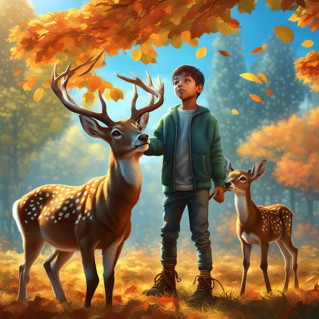 A boy petting deer.