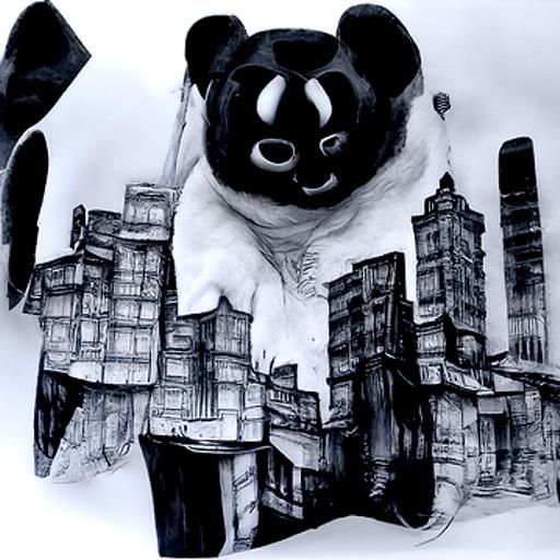 Panda bear late for work in a busy city