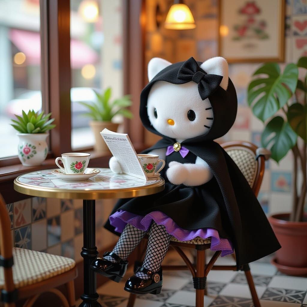 Hello Kitty as Little Black Riding Hood, in a cafe