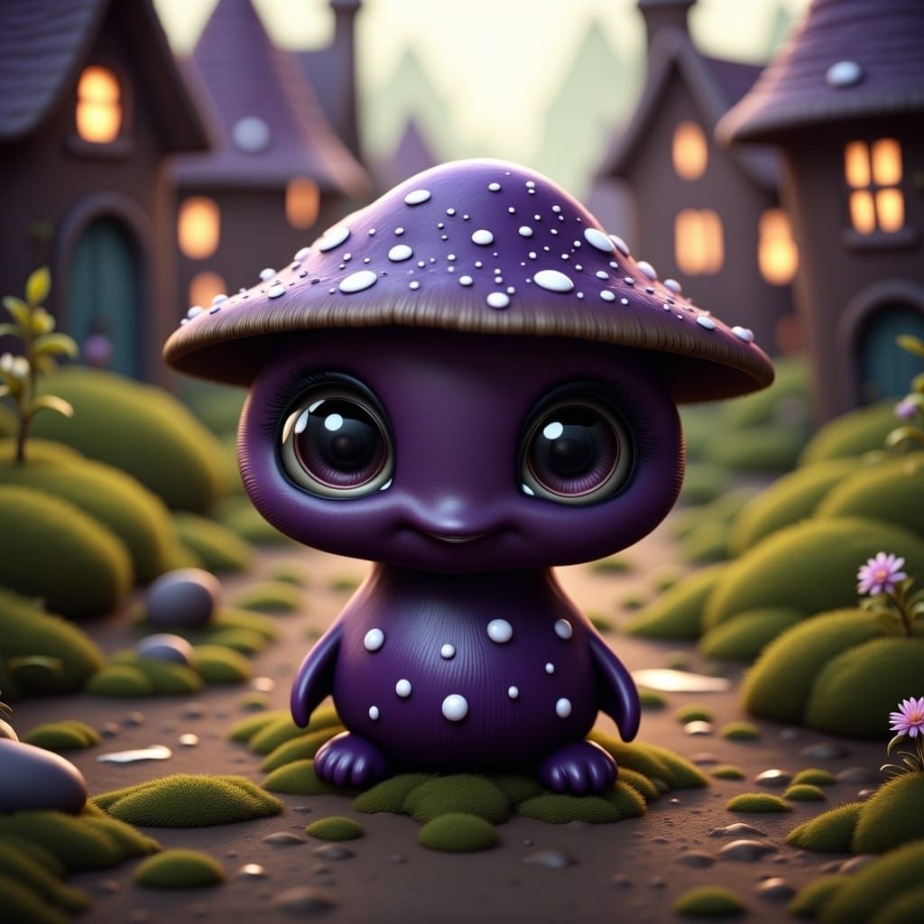<lora:Flux Cute Big Eyes:1.0> Realistic Adorable anthropomorphic mushroom, big round eyes, purple black, white dots, endearing, intricate, a...