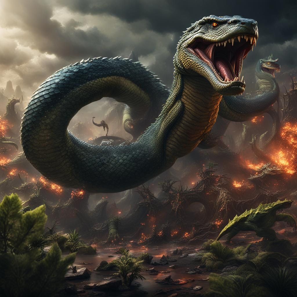 Biggest snake fight with godzilla detailed matte painting, d...