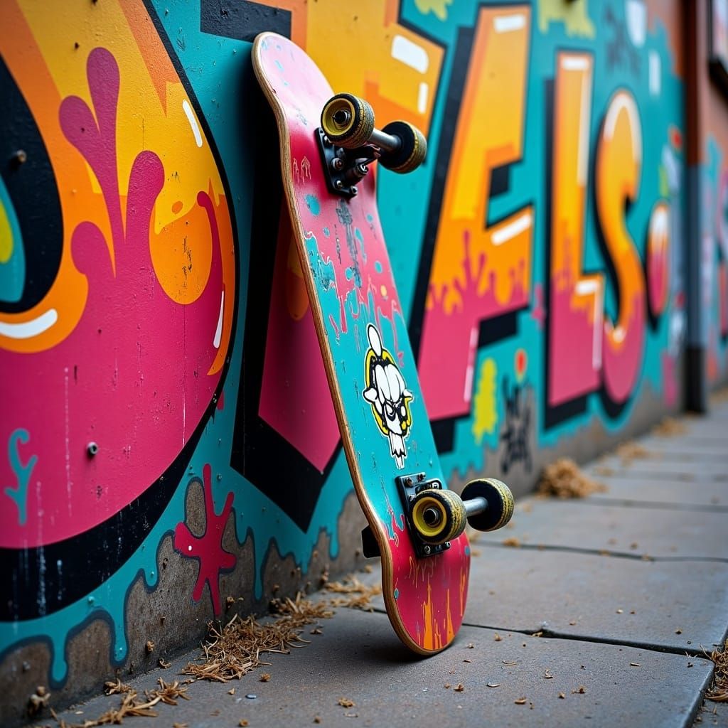 <lora:GraffitiPiece FL:1.0> A scratched skateboard with neon grip tape, resting against a graffiti-covered wall. spraypaint graffiti in an...
