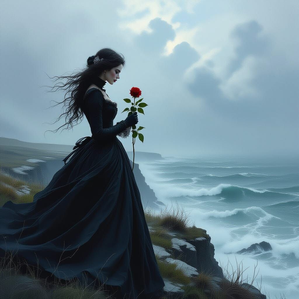Gothic Woman on Cliff, Stormy Sea, Dramatic Chiaroscuro