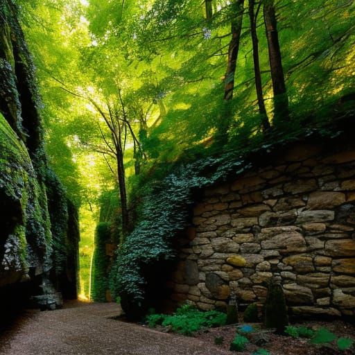 Trees growing through an ancient stone wall.