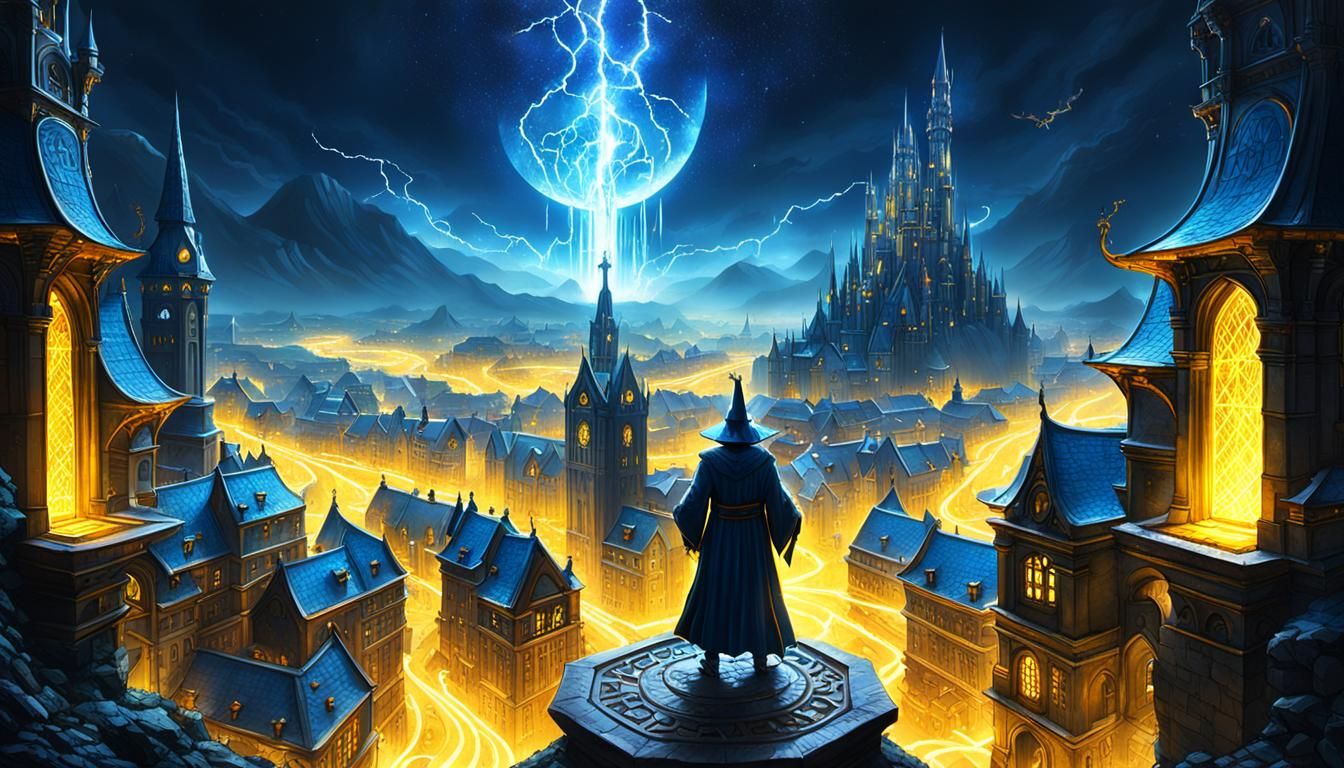 Wizard summoning great city, magnificent vista, hyperdetaile...