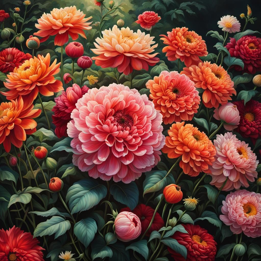 Wild secret garden full of roses, dahlias, oriental poppies,...