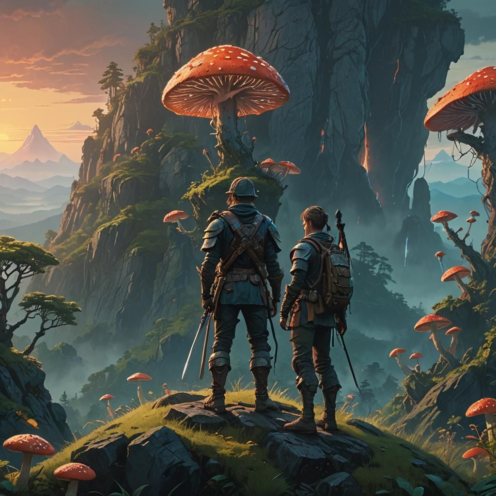 Mystical Warrior on Mountain Peak at Sunset