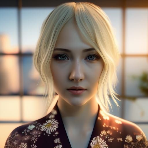 Beautiful blonde haired young woman in kimono, beautiful fac...