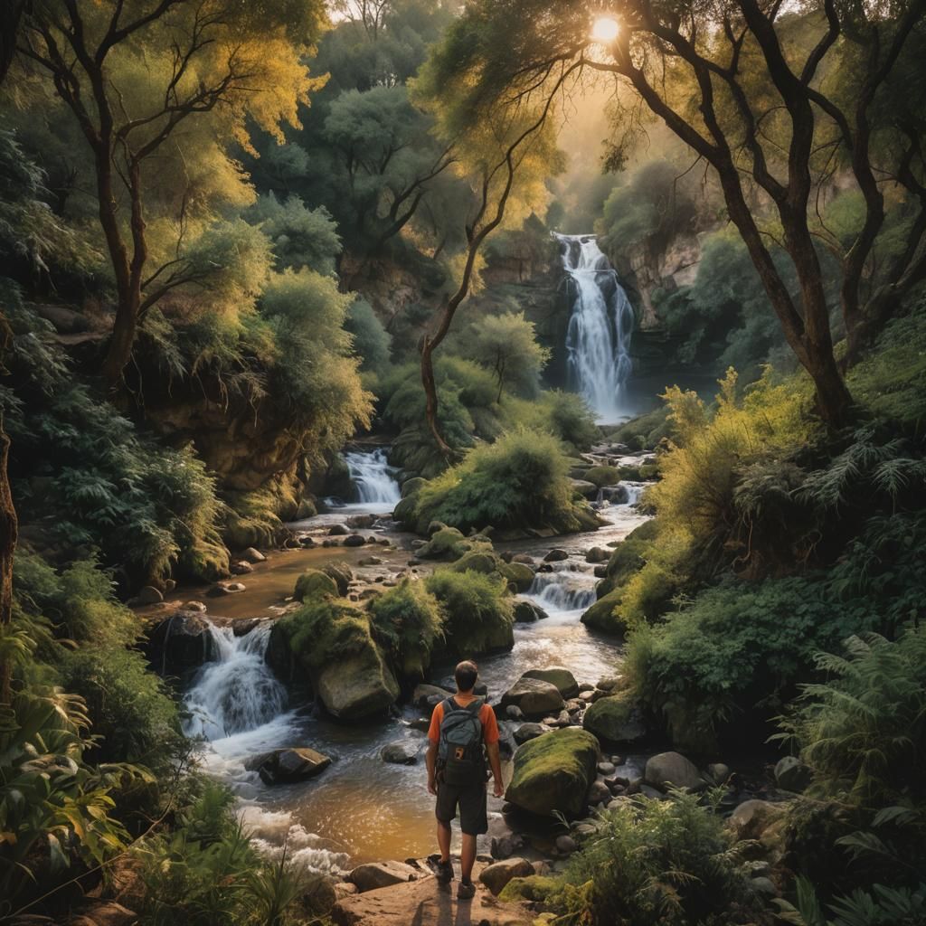 Hiker in Northern Israel Waterfalls at Dusk