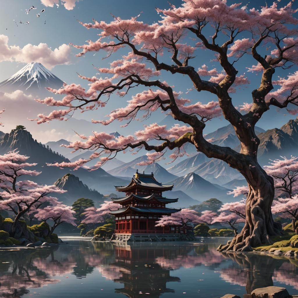 A beautiful ancient sakura tree in front of a lake. Mountain...