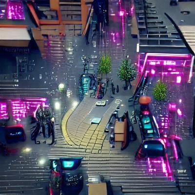 Bright detailed nanotech cyberpunk street scene