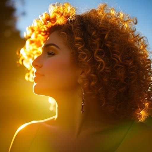 golden curly haired young lady angel sunbeams bright light i...