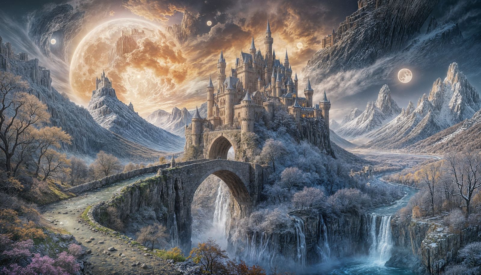 "A breathtaking, epic fantasy landscape. In the center, a magnificent, ancient European-style castle ...  by @Itzla