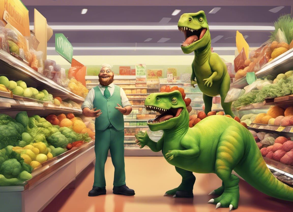 anthropomorphic herbivorous dinosaurs work in animal supermarket