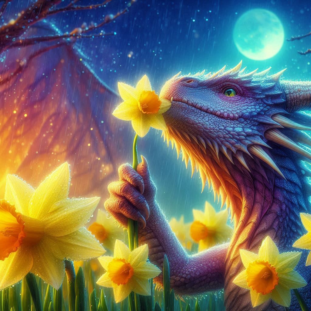 Dreamy dragons drink delightful daffodil dew during dusk.