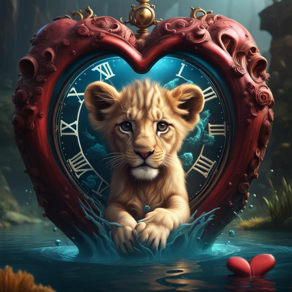 A lion cub submerged in a heart with a 3d clock next to it