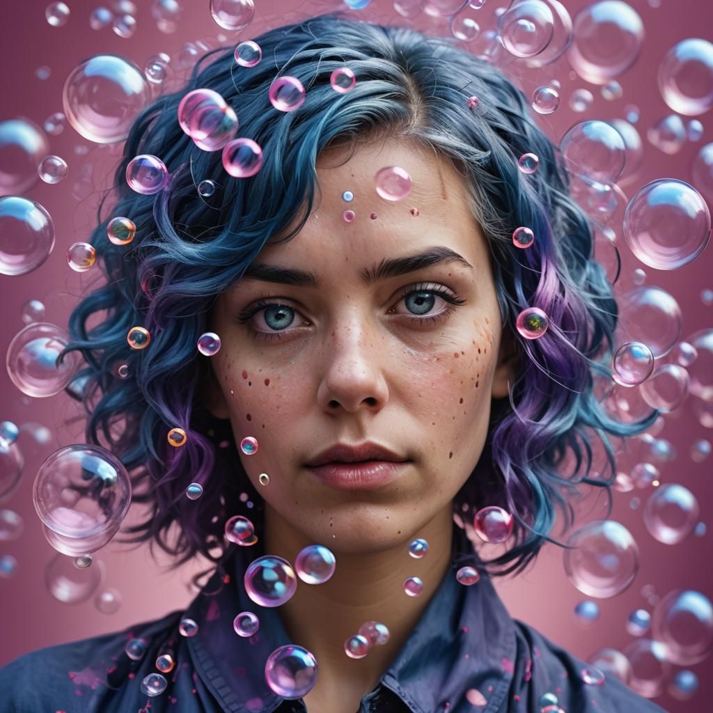 femme aux cheveux bleu entourée de bulles de couleur rose et...