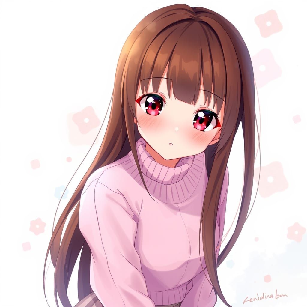 Anime Girl in Pink Sweater, Watercolor Style