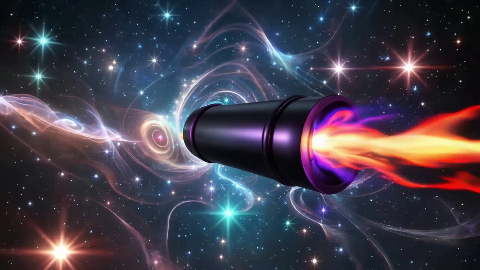 A smooth deep-violet cylinder glides through a cosmic dreamspace, fiery red-violet exhaust streaming from one end only. ...