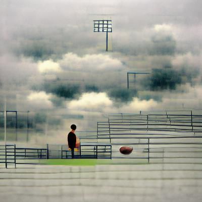 lone football player looks out on an empty football field cl...