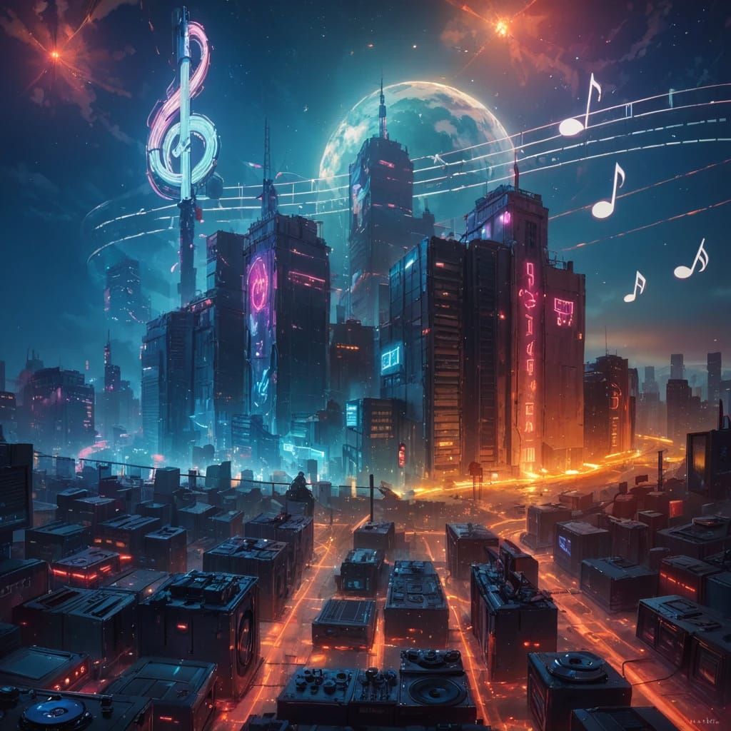 Cityscape with buildings that look like musical staffs with musical notation. ((Large musical notes)), (Treble clef), ra...