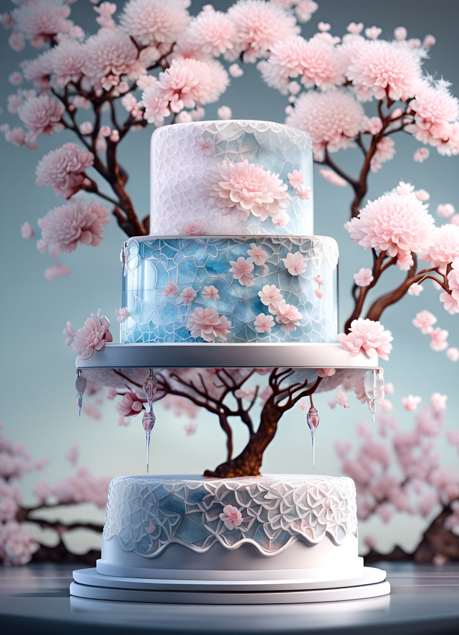 The tree tier sakura wedding cake.
