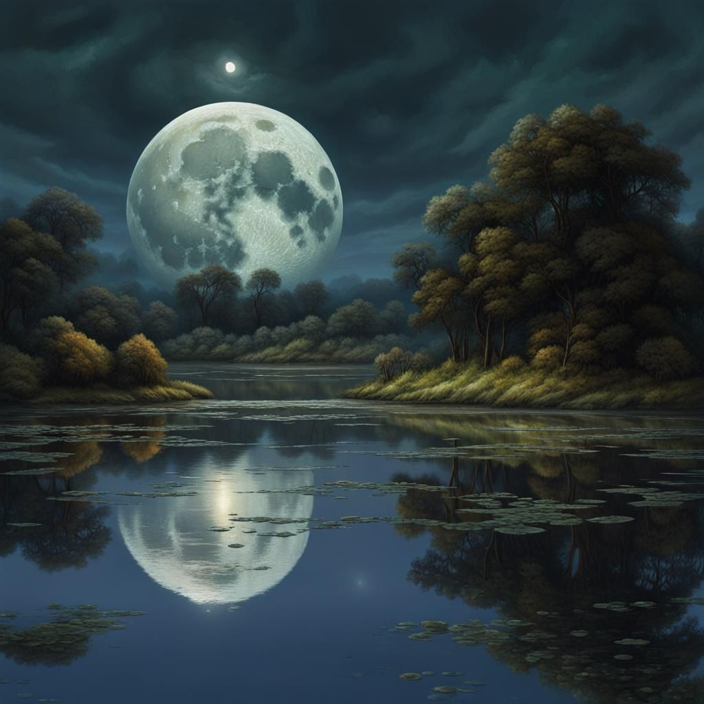A Pond Of Reflective Water and The Fulll Moon Epic cinematic brilliant stunning intricate meticulously ...  by @Ringking 1978