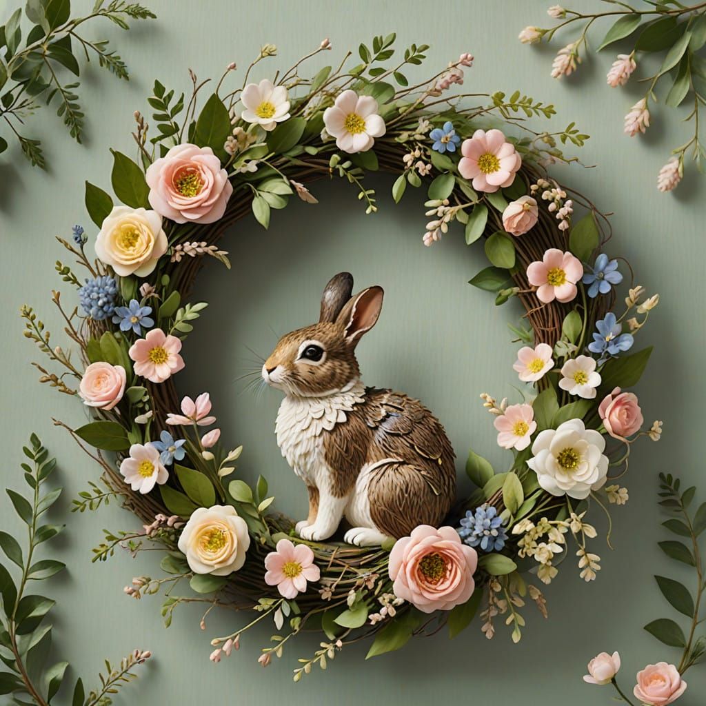 A stunning wreath adorned with a charming rabbit figure, creating a delightful harmony of colors and textures.  by @Phantazia