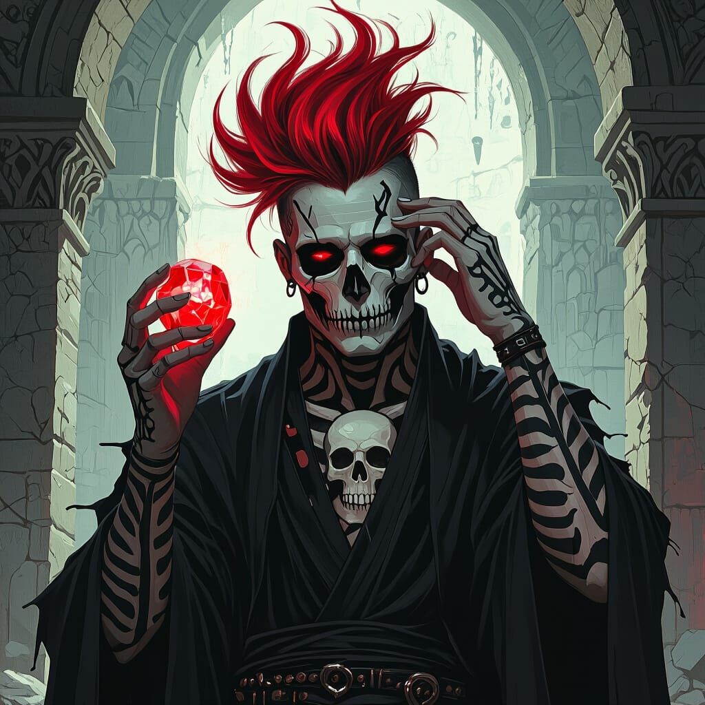 Male Necromancer with tattoo of skull on his face and tired eyes and huge ghostly red energy pompadour hairstyle holding a glowing red unpro...