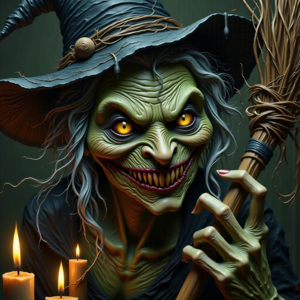 A withered, gnarled crone with a desiccated, apple-like visage, distorted by age and malice, sporting a wicked, sadistic grin, her skin a si...