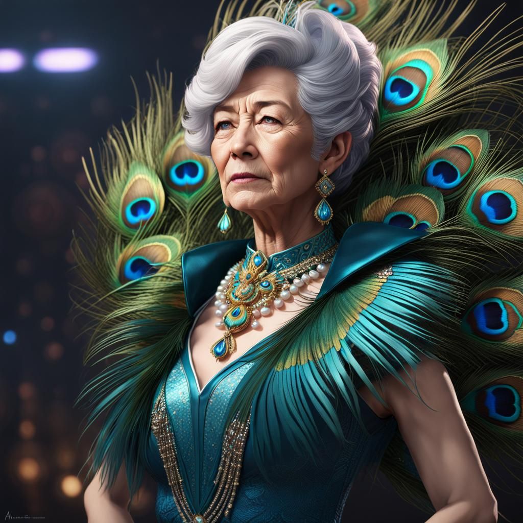 Hyperrealistic portrait of a older woman wearing peacock fea...