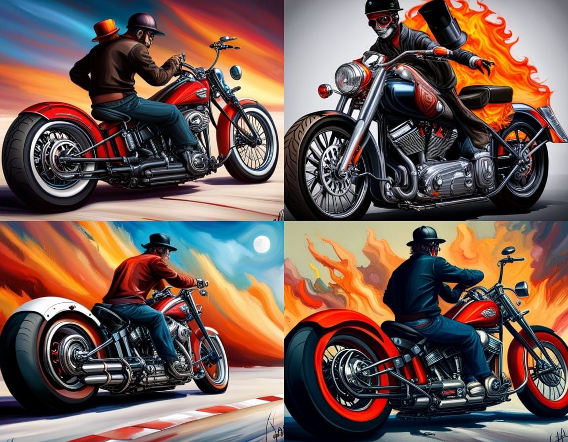flaming custum harley davidson motorbike ridden by a scelett...