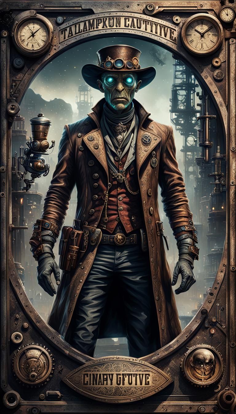 A striking wanted poster of a steampunk cowboy alien fugitive, infamous for smuggling rare creatures ...  by @Carrie David Parr 