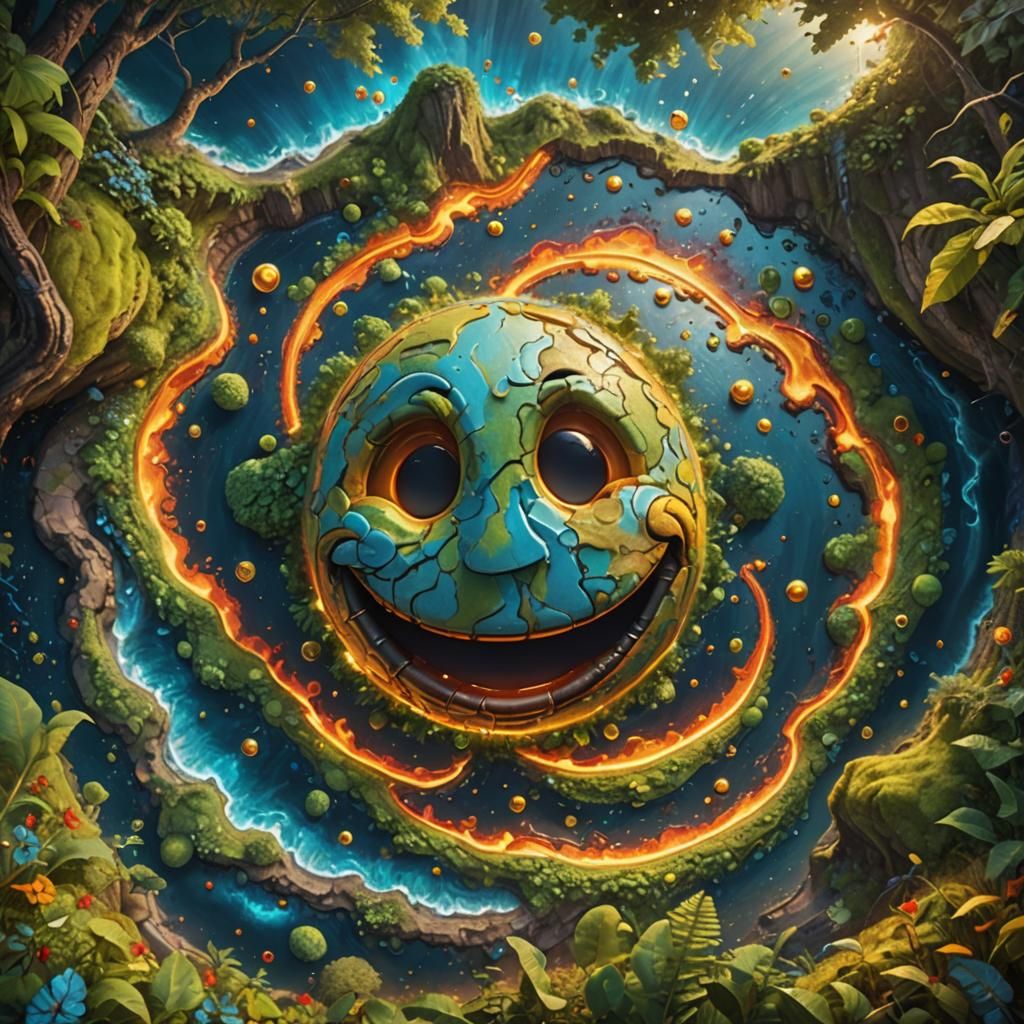 Earth as Smiley Emoji Laughing, a Surreal Oil Painting