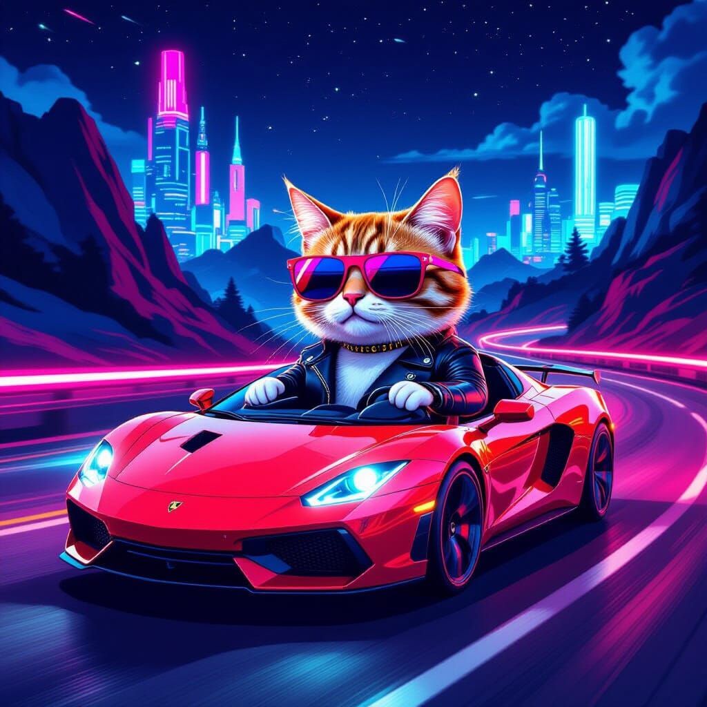 Cool Cat Drives Sports Car in Neon Cityscape
