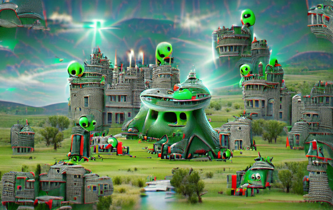 Green aliens and ufo castle 8K 3D 8k resolution