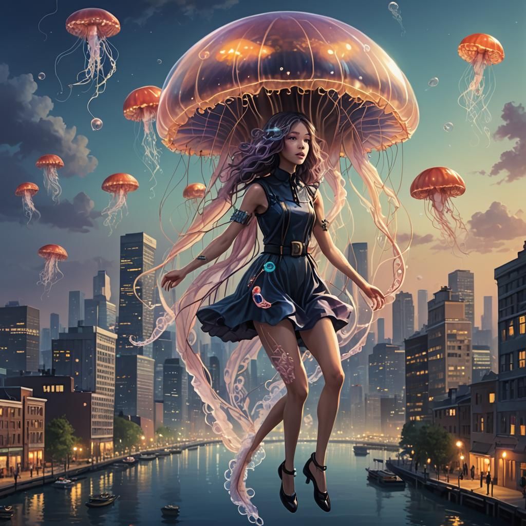 (jellyfish and human hybridization:1.5) female creature floa...