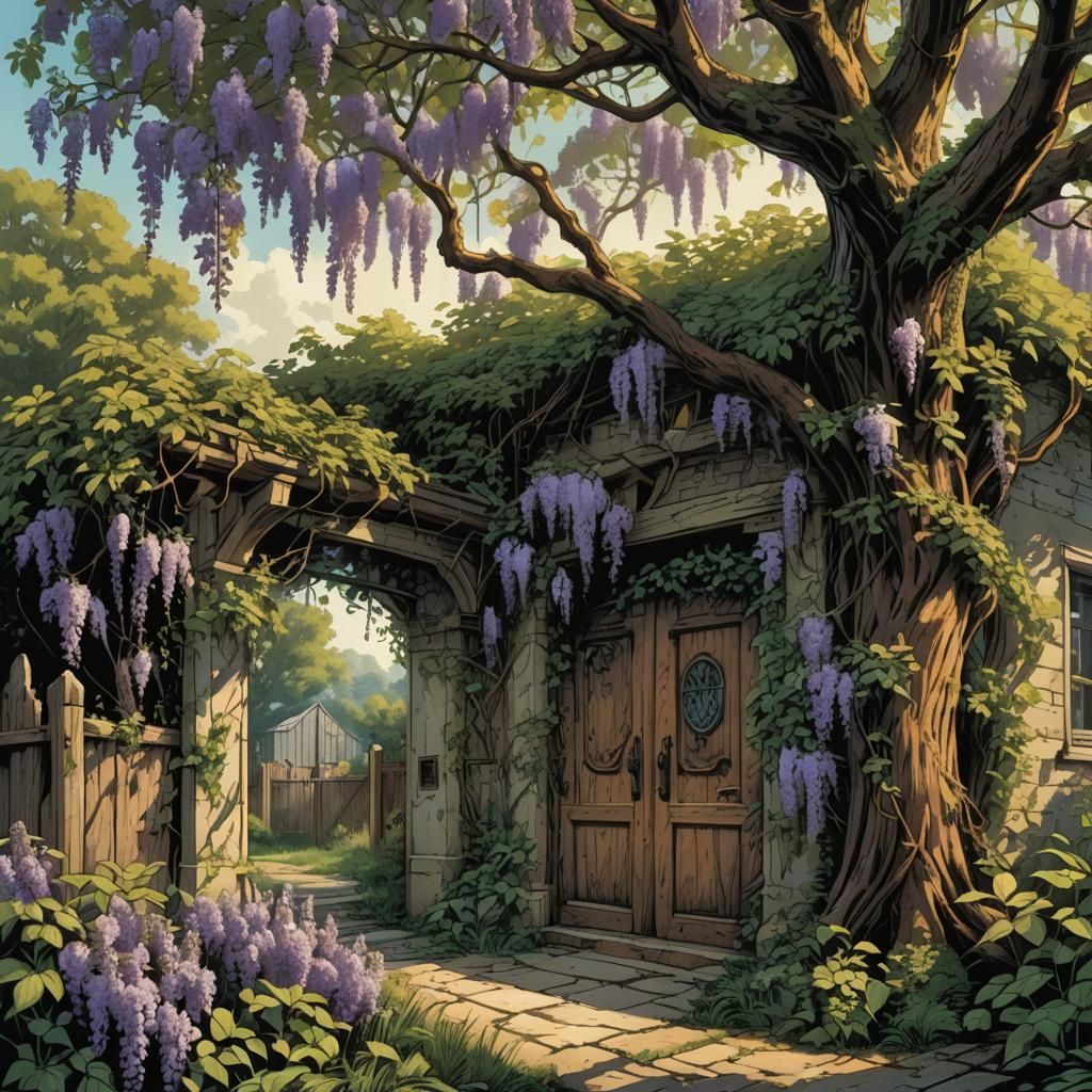 Around the door of the homestead,
The sweet Wisteria vines,
...