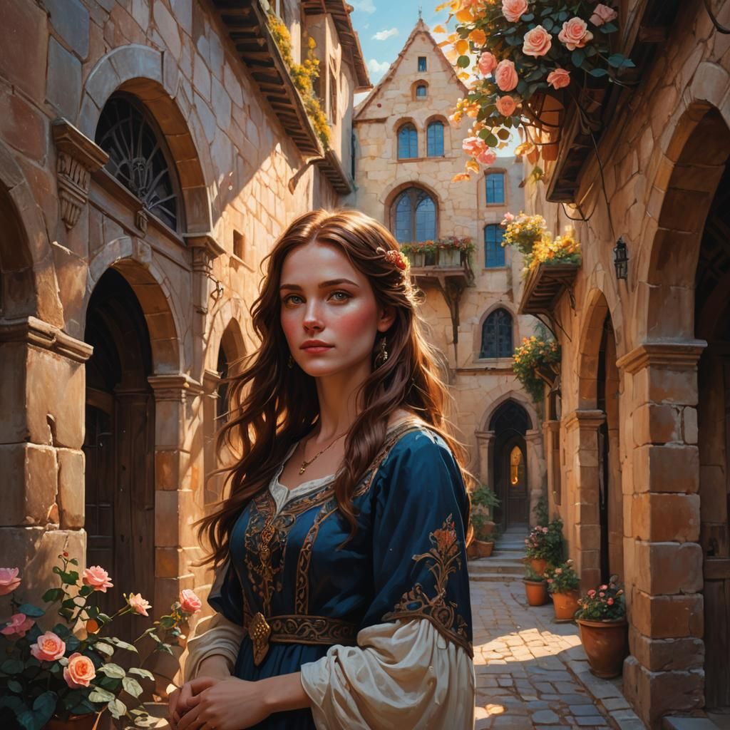 Fantasy Woman in Courtyard: Oil Painting Style