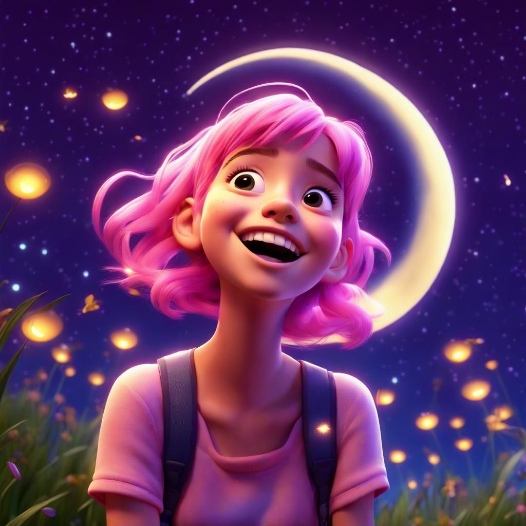 Girl with pink hair  fascinated by the moon singing smiling ...