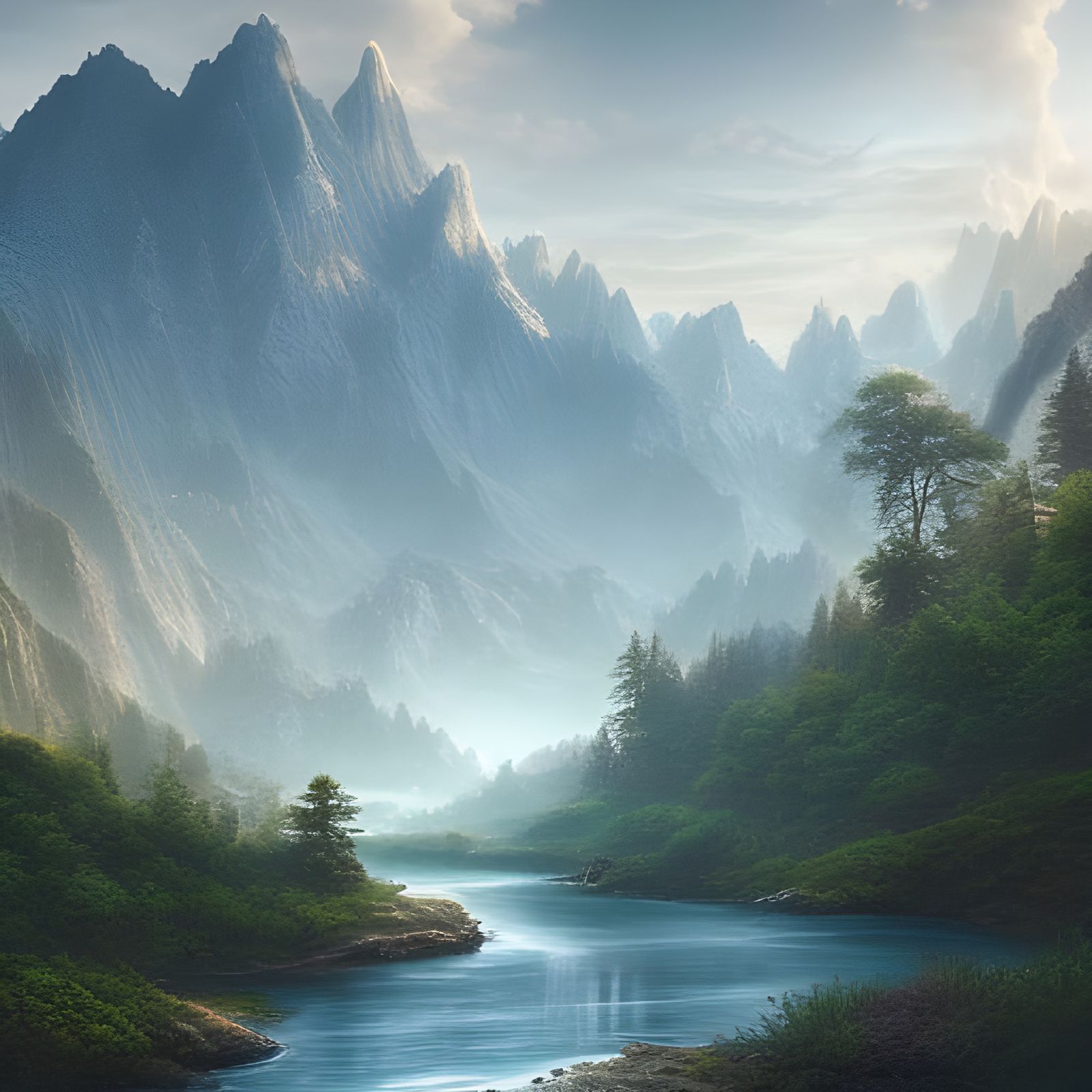 tranquil river with mountains in the background Epic cinematic ...