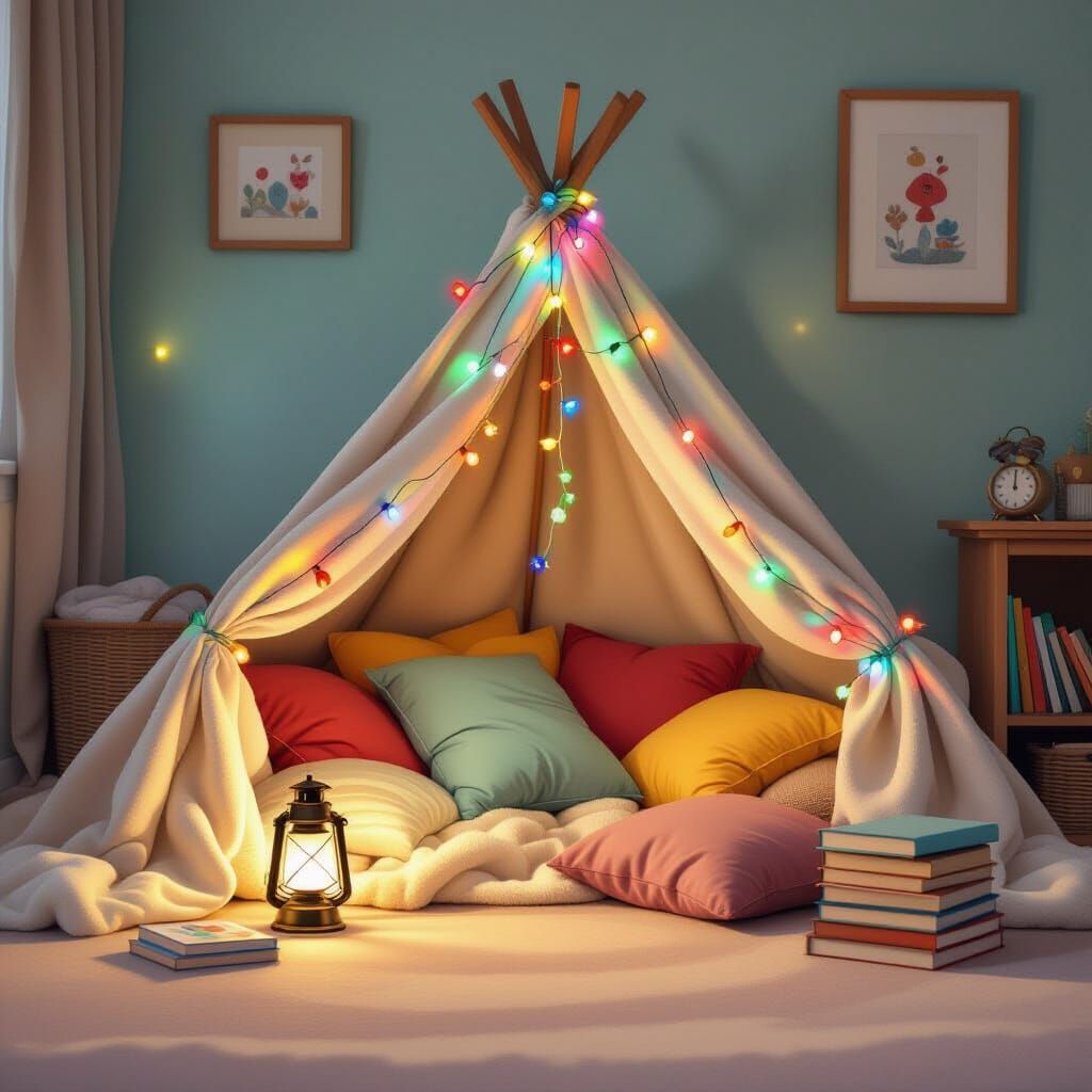  A child's blanket fort illuminated by the warm, inviting glow of colorful string lights.