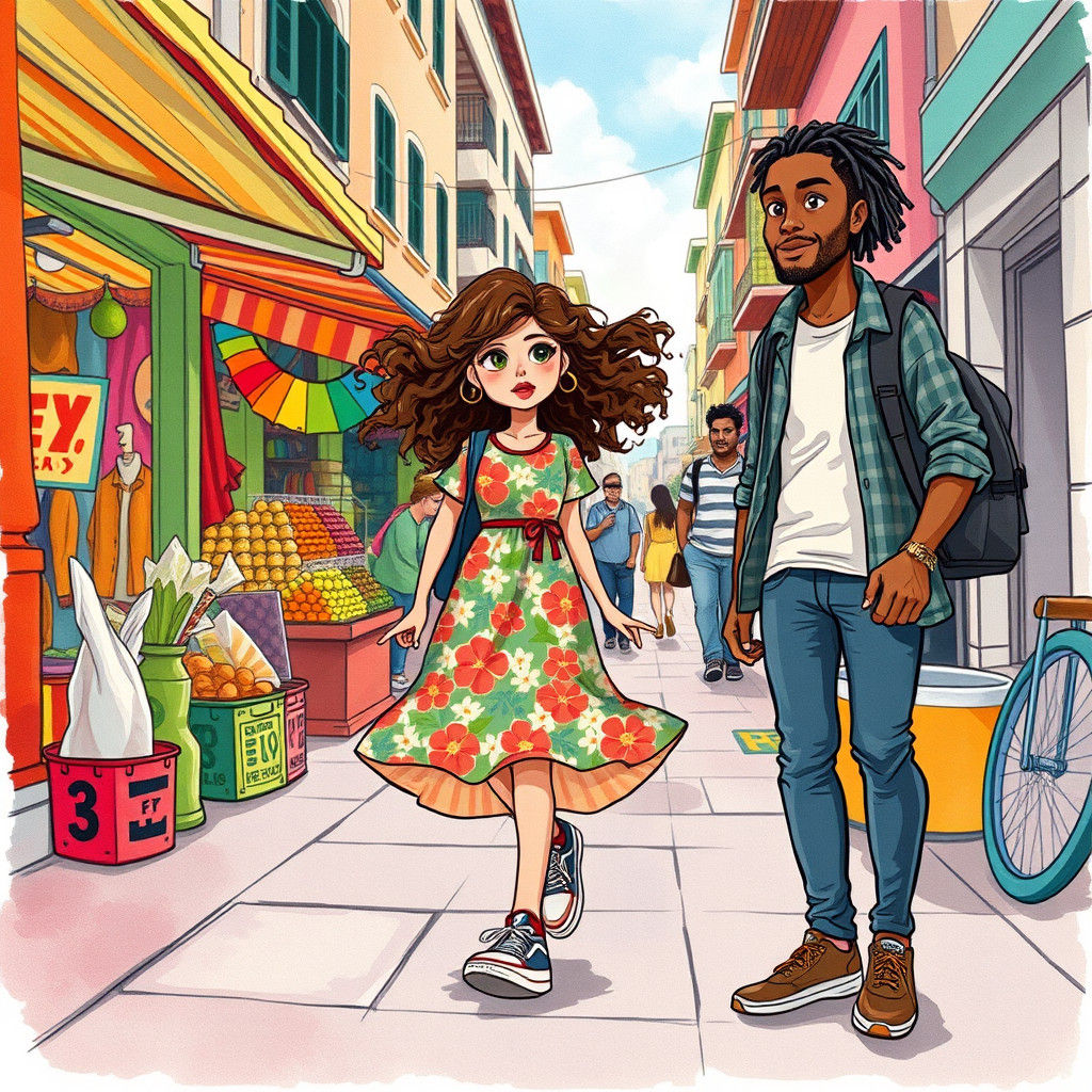 Woman on Street: Whimsical Digital Art Illustration