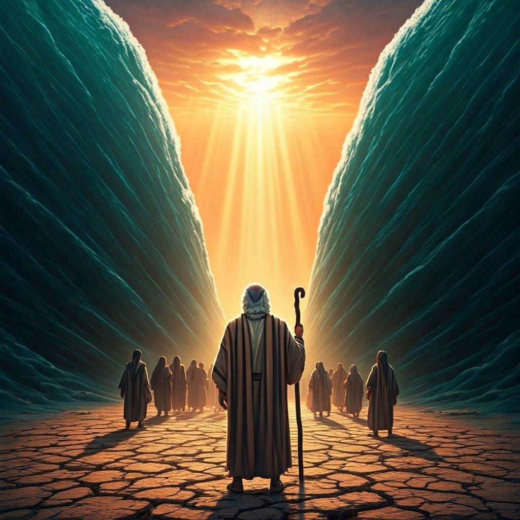 Moses Leads Israelites Through the Parted Red Sea in Dramati...