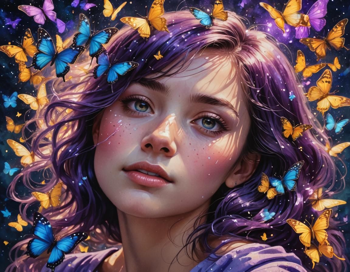 Mujer de pelo morado repleta de mariposas